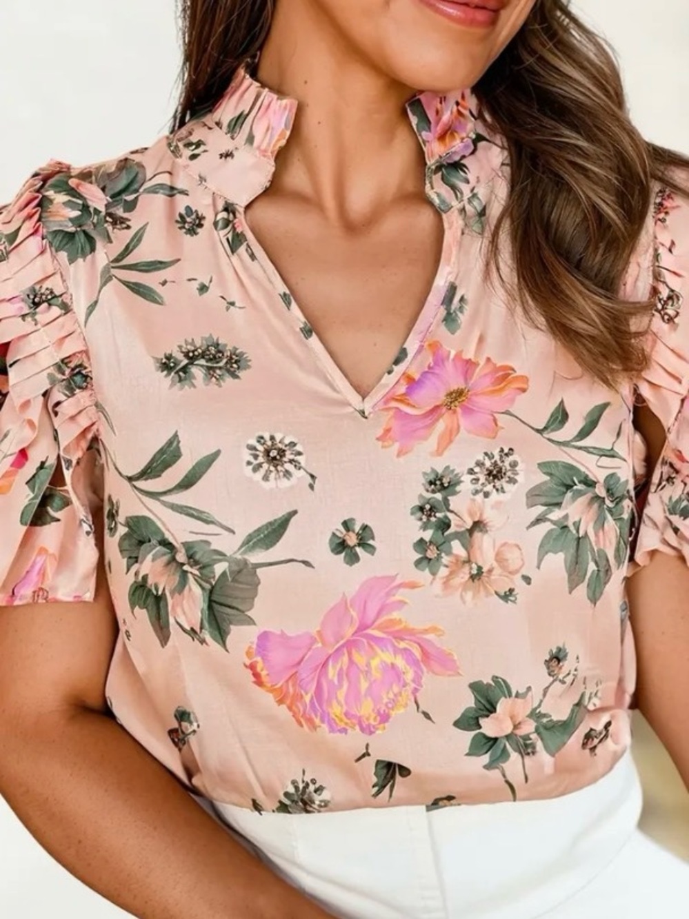 Blush Floral Ruffle Sleeve Women's Top